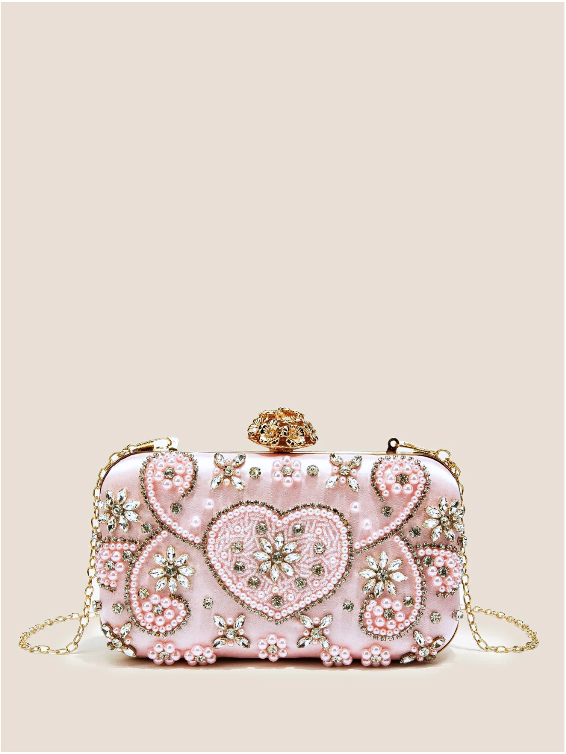 Bolso clutch bordado pedrería corazón rosa