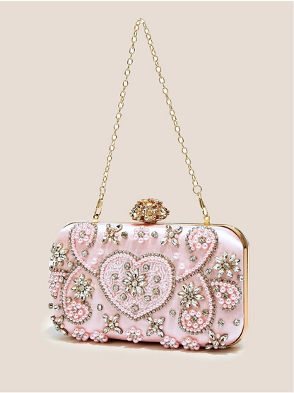 Bolso clutch bordado pedrería corazón rosa