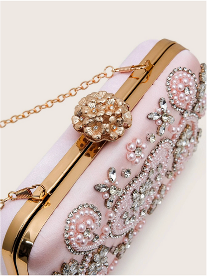 Bolso clutch bordado pedrería corazón rosa