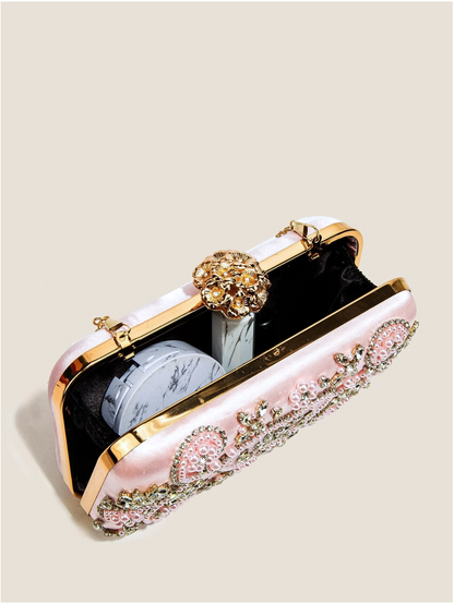Bolso clutch bordado pedrería corazón rosa
