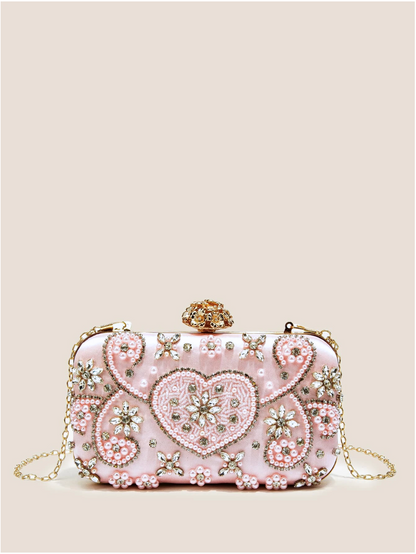 Bolso clutch bordado pedrería corazón rosa